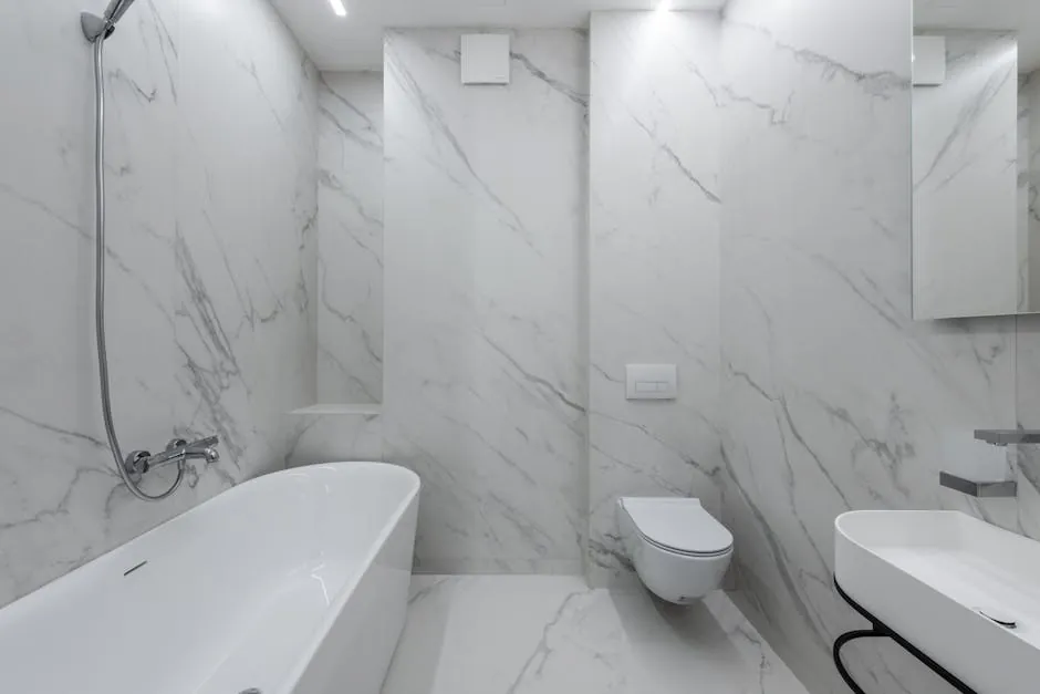 Salle de bains entièrement carrelée en marbre, signée MK Carrelage à Montpellier